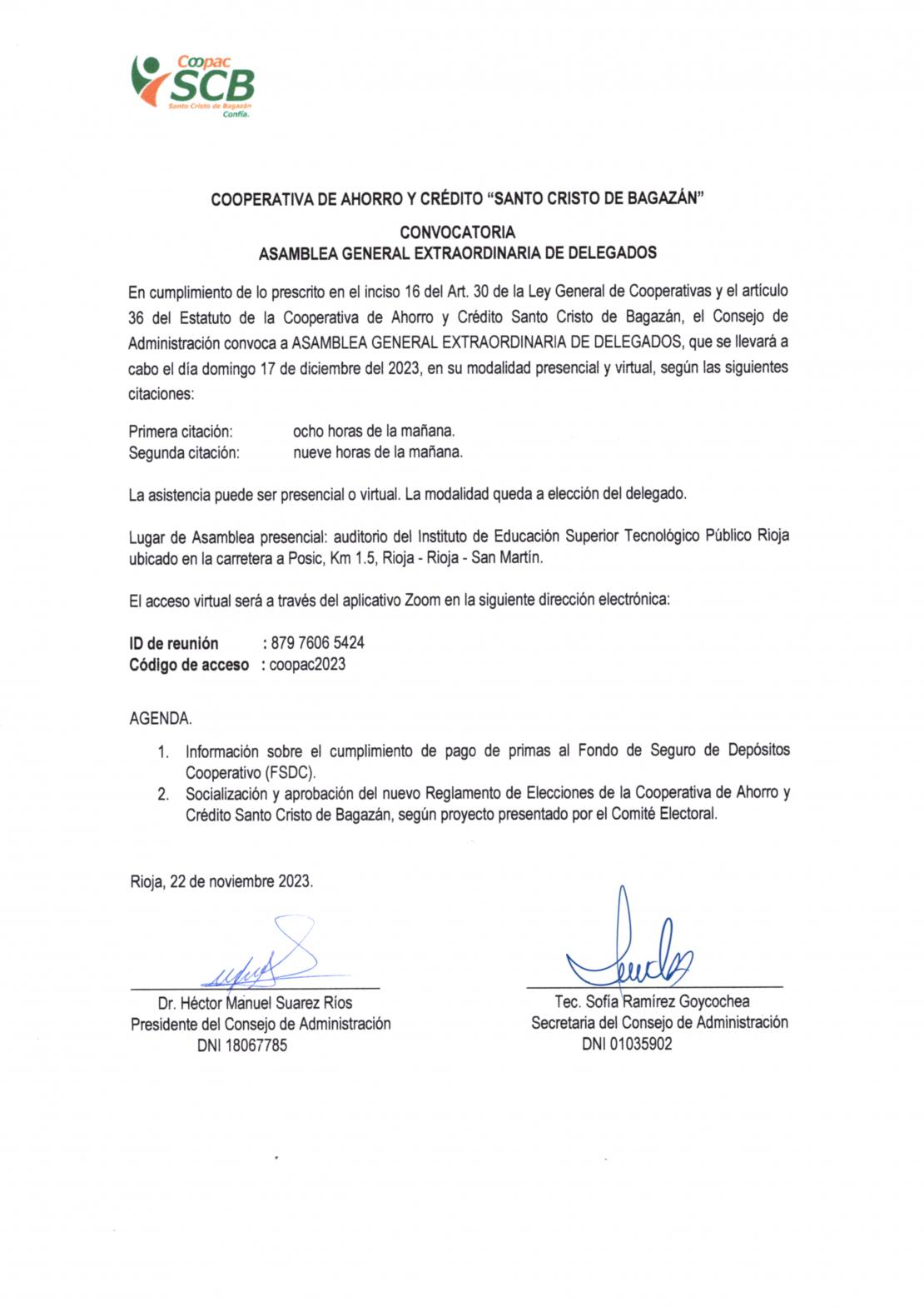 CONVOCATORIA PARA ASAMBLEA GENERAL EXTRAORDINARIA DE DELEGADOS – CSCB